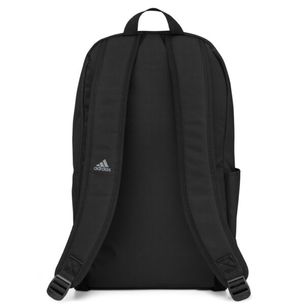 Black Adidas backpack, back view.