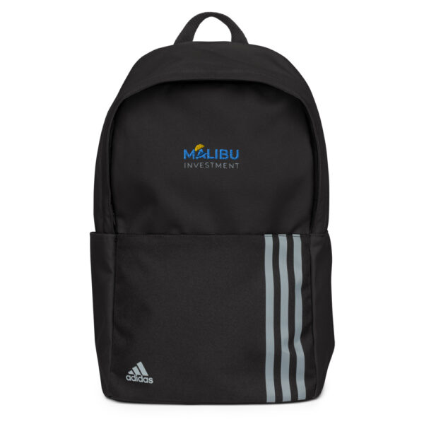 Black Adidas backpack, Malibu Investment logo.