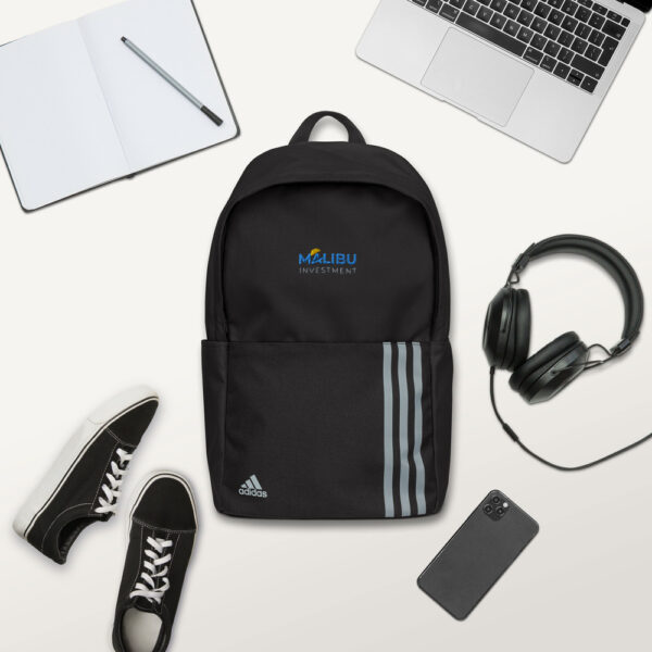 Black Adidas backpack with Malibu Investment logo.