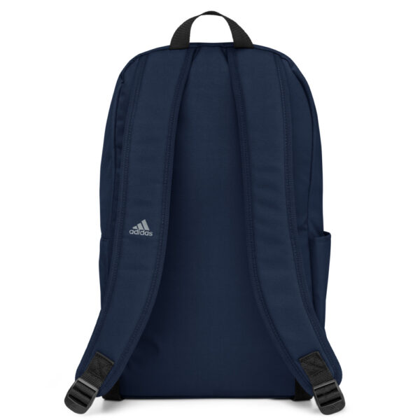 Here's an alt tag for the image: Navy blue Adidas backpack, rear view.