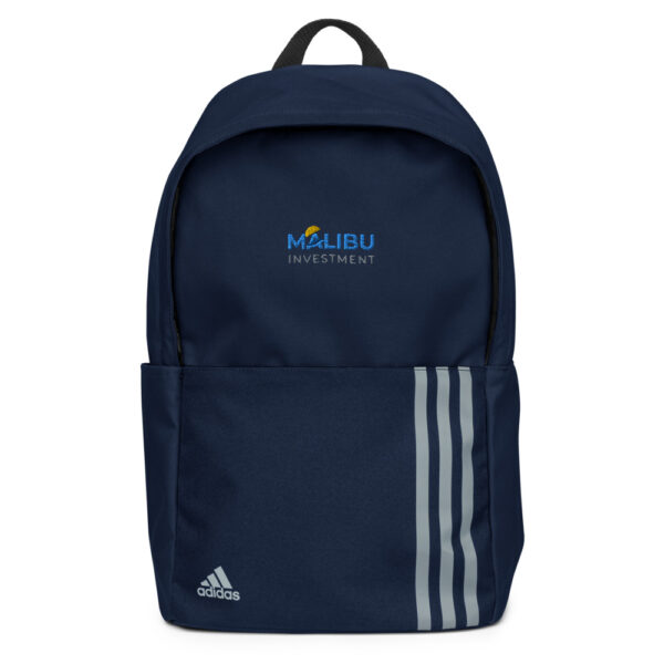 Navy blue Adidas backpack; Malibu Investment logo.