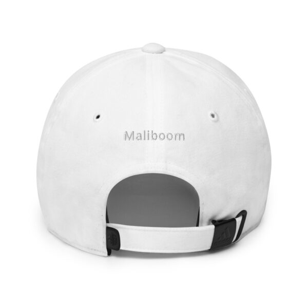 White Malibu boom baseball cap back.