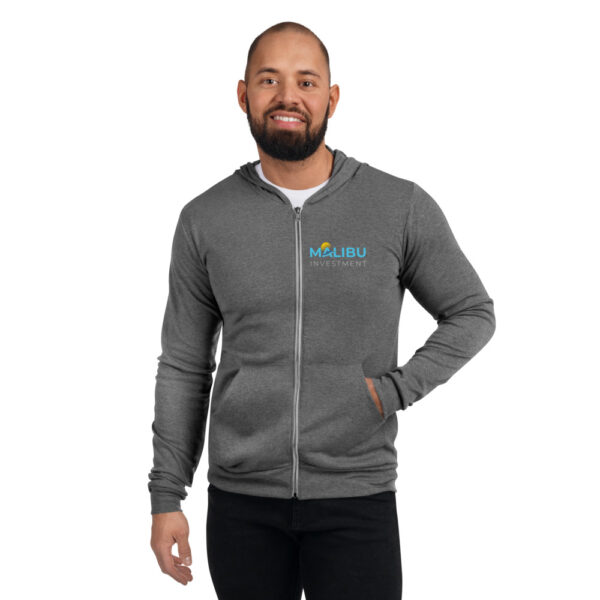 Man in Malibu Investment zip-up hoodie.