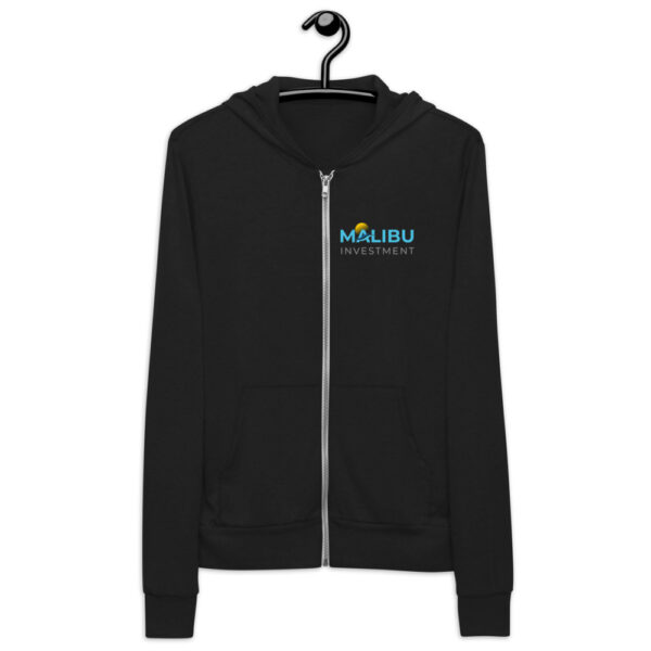 Black Malibu Investment zip-up hoodie.