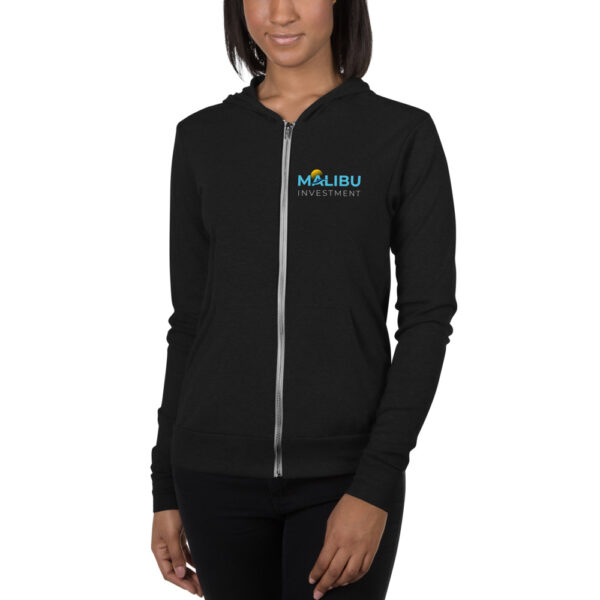 Black Malibu Investment zip-up hoodie.