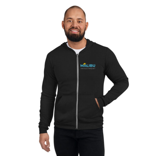 Man in Malibu Investment zip-up hoodie.