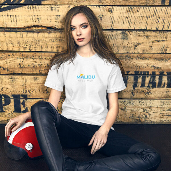 Woman modeling Malibu Investment t-shirt.