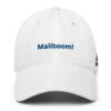 White cap with "Maliboom!" embroidery.