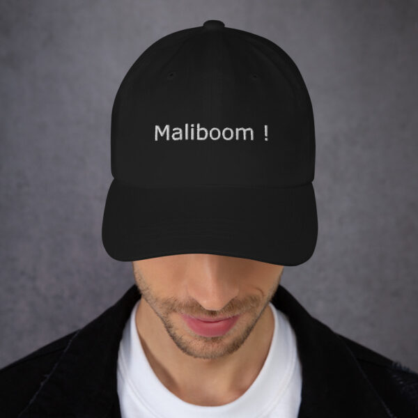 Black hat with "Maliboom!" embroidered.