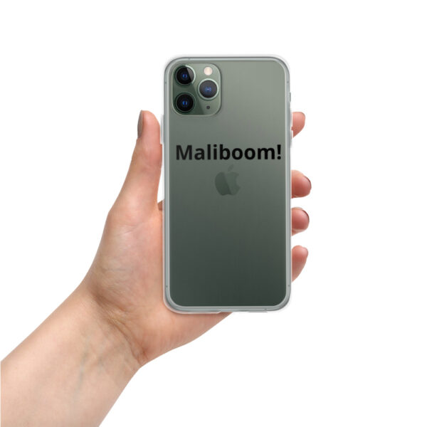 Here's an alt tag for the image: iPhone case, Malibu text.