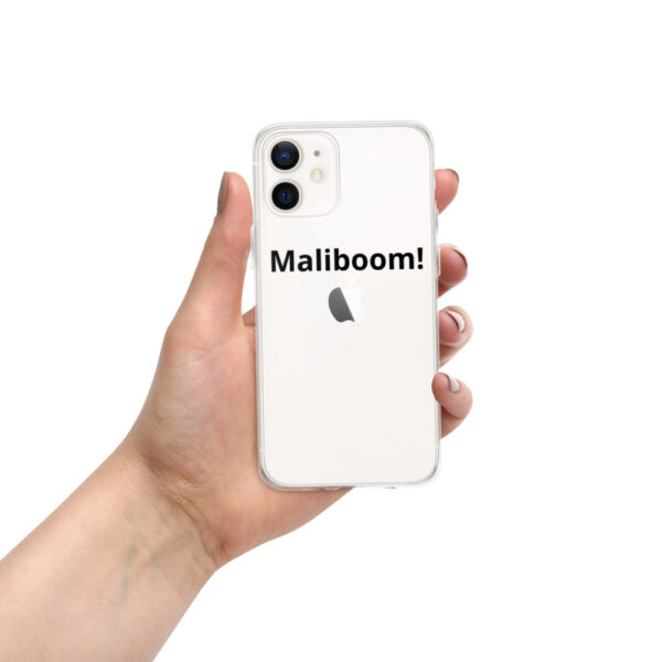 Hand holding phone with Malibu boom! case.