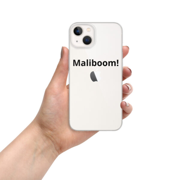 Hand holding iPhone in Malibu boom case.