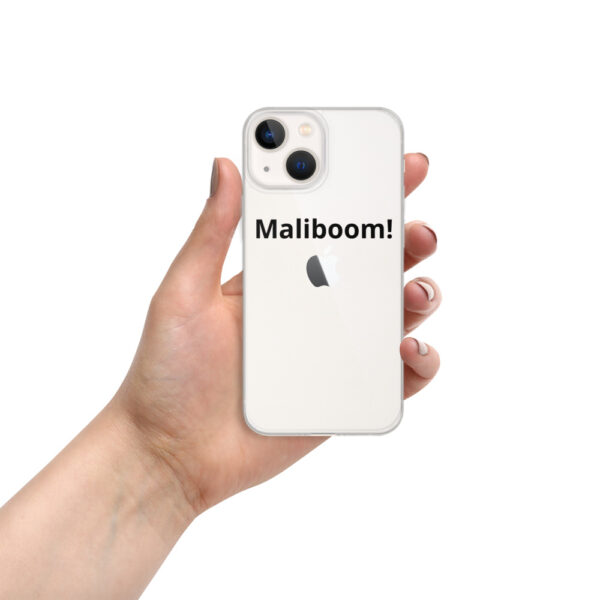 Hand holding iPhone with "Maliboom!" case.