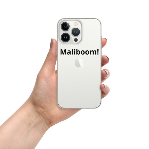 Hand holding iPhone with Maliboom! text.