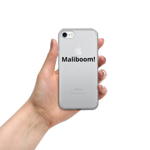 Clear iPhone case with "Maliboom!" text.