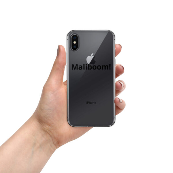 Hand holding iPhone in Malibu boom case.