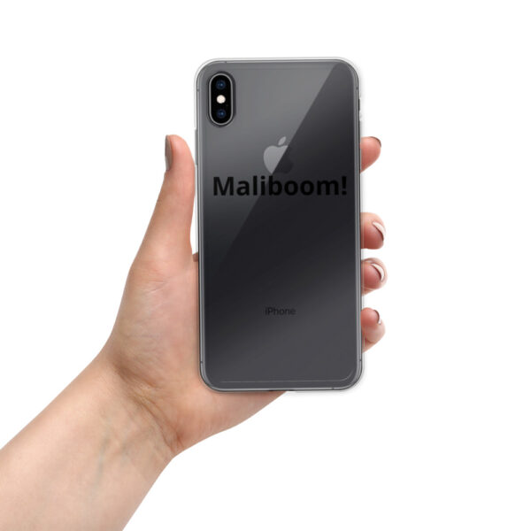 Here's an alt tag for the image: Maliboom! iPhone case in hand.