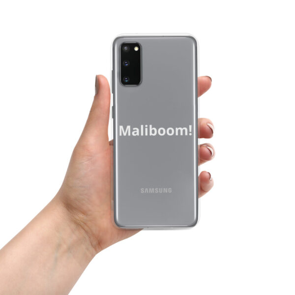 Grey Samsung phone in hand, Malibu text.