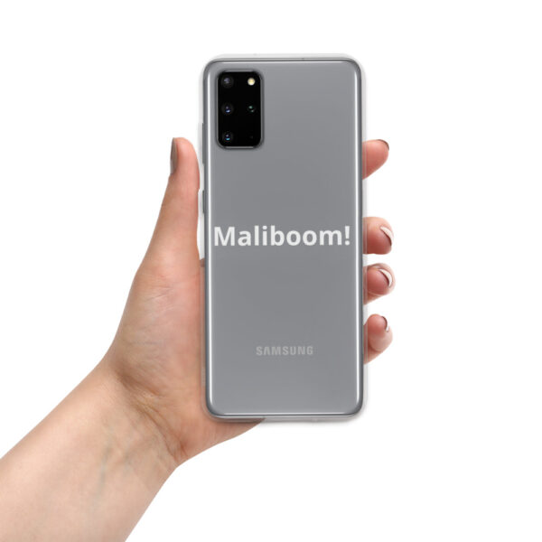 Hand holding Samsung phone case: Malibu!