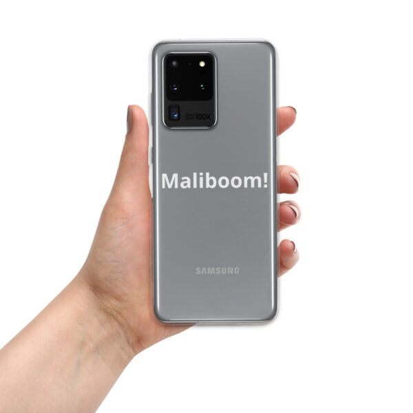 Hand holding grey Samsung phone case.