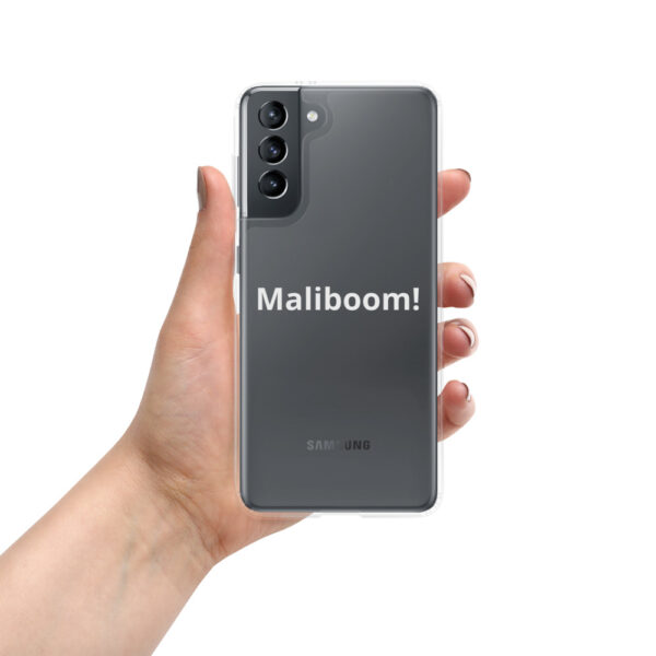 Here's an alt tag for the image: Samsung phone in clear case, Malibu text.