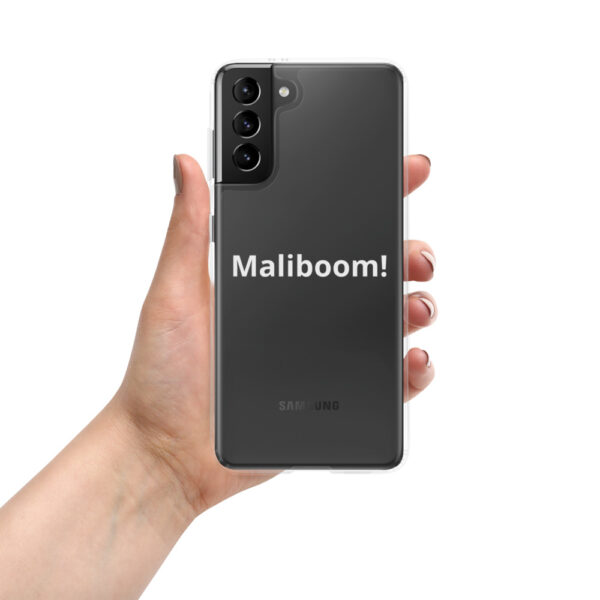 Hand holding phone case: Malibu boom!