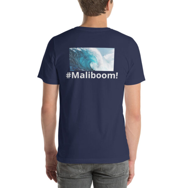 Here's an alt tag for the image: Navy T-shirt; ocean wave, #Maliboom!