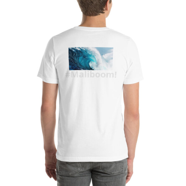 White t-shirt, ocean wave image, #Maliboom!