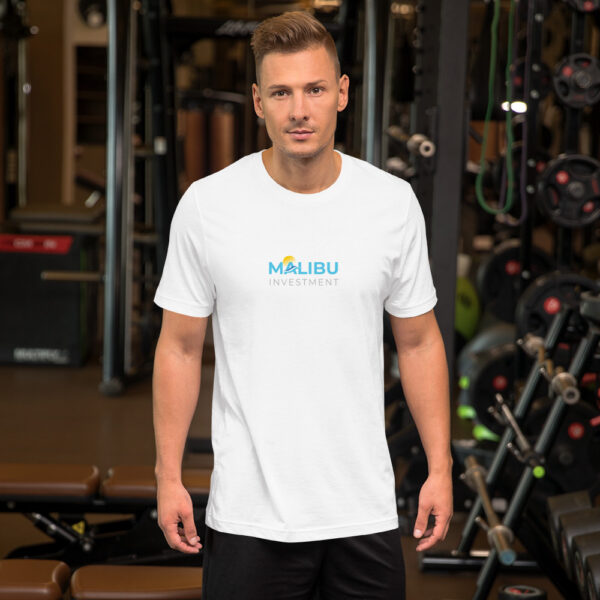 Man in white Malibu Investment t-shirt.